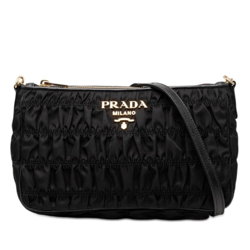 Prada Chain Gathered Shoulder Bag Black Nylon Leather